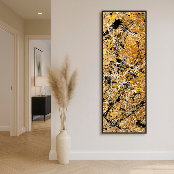Tall Jackson Pollock Style - Vertical Framed Mustard Canvas