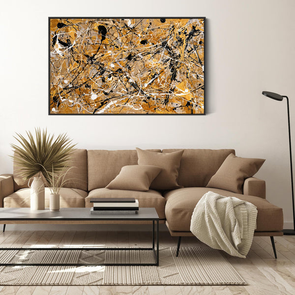Extra Large Framed Mustard Canvas - Jackson Pollock Style Art
