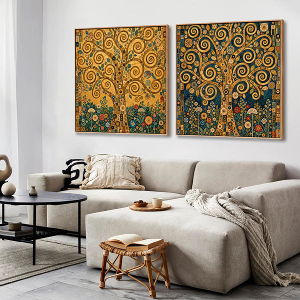 Pair Gustav Klimt inspired Framed Canvas Life Trees - Set of 2