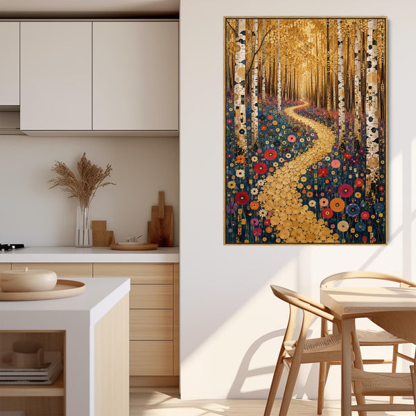 Gustav Klimt inspired Colourful Framed Canvas Art Birch Pathway