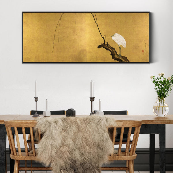Mustard Yellow Japanese Framed Art Print Canvas Maruyama Okyo - Heron Willow Branch