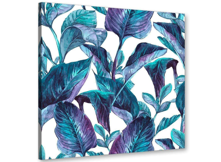 Modern Turquoise And White Tropical Leaves Canvas Modern 79cm Square 1S323L For Your Living Room