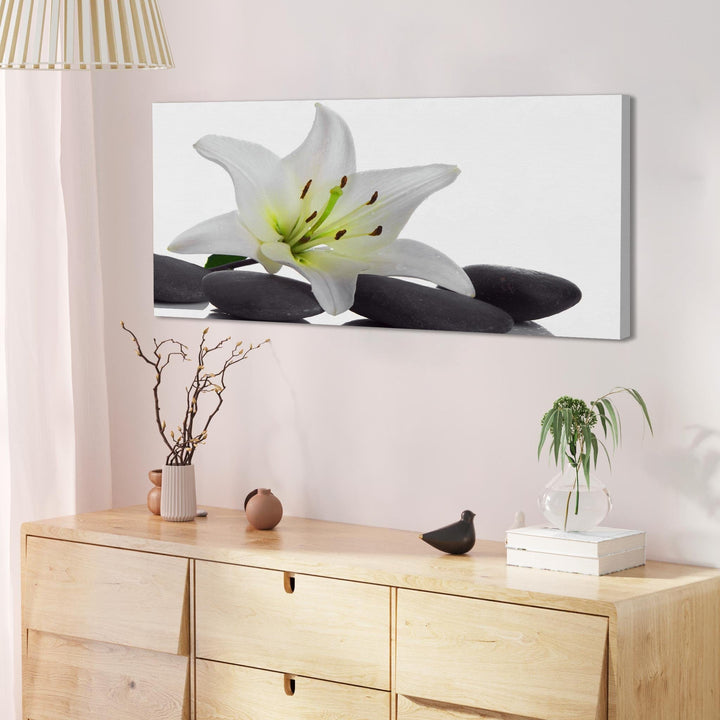 Modern Black White Grey Lily Flower Stones Floral Canvas - 1024