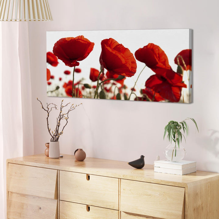 Red Poppy Field Poppies Flower White Floral Canvas - 1056
