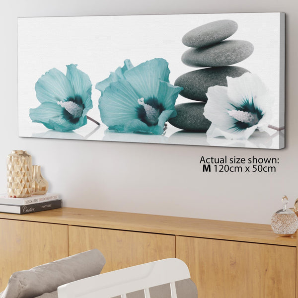 Modern Teal Grey White Flowers Zen Stones Floral Canvas