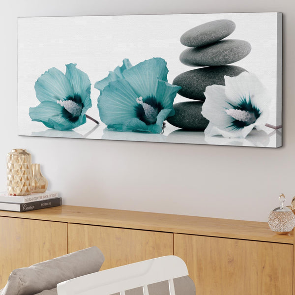 Modern Teal Grey White Flowers Zen Stones Floral Canvas