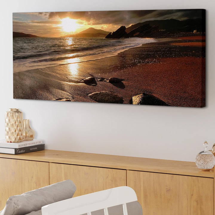 Modern Sunset Beach Scene Golden Brown Landscape Canvas - 1131
