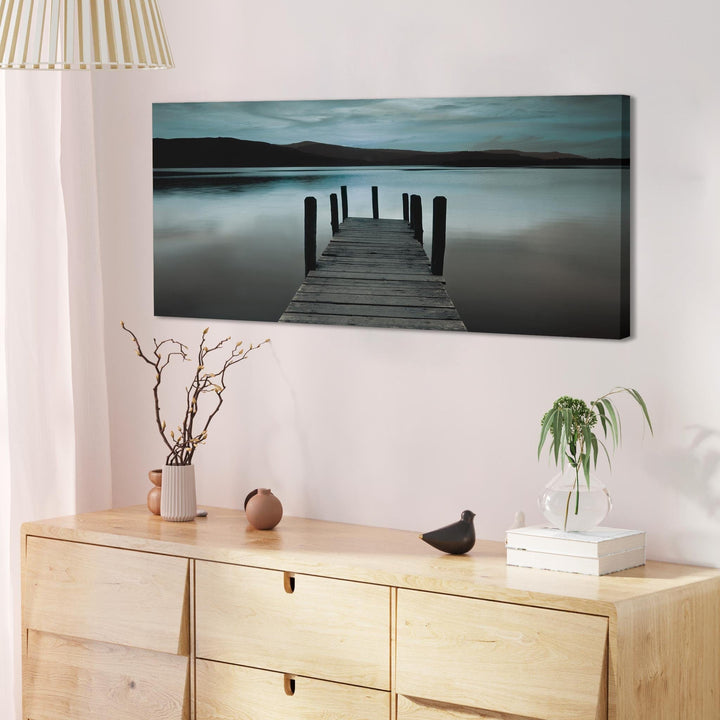 Modern Teal Grey Coloured Lake Jetty View Landscape Canvas - 1237