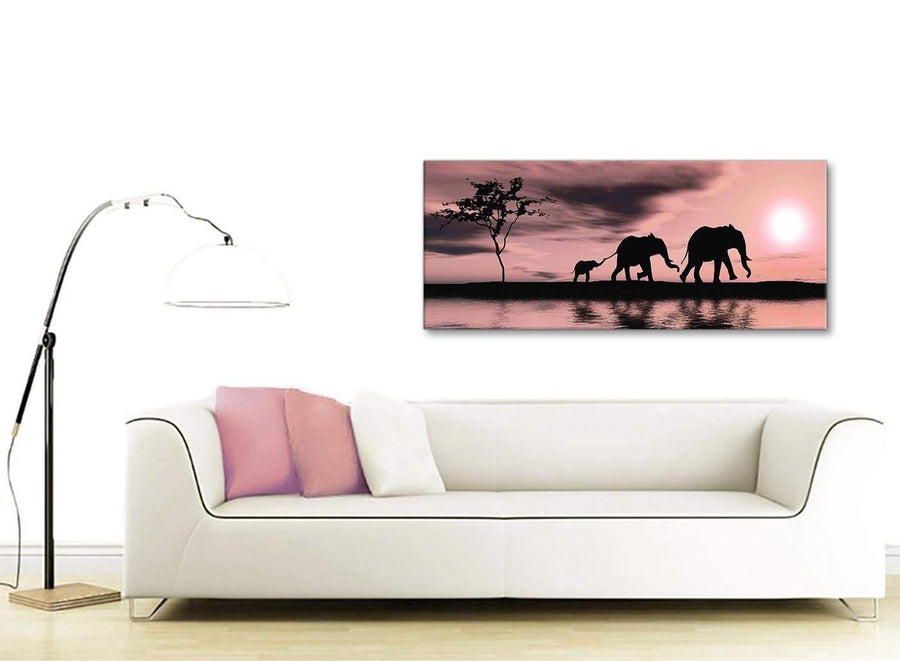 Contemporary Blush Pink African Sunset Elephants Canvas Wall Art Print Modern 120cm Wide For Your Kitchen-1361