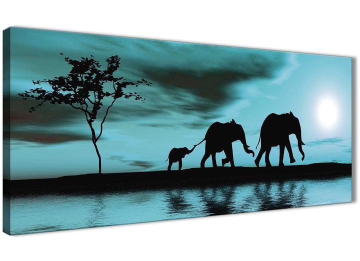 Oversized Teal African Sunset Elephants Canvas Wall Art Print Modern 120cm Wide For Your Kitchen-1362 - 3362