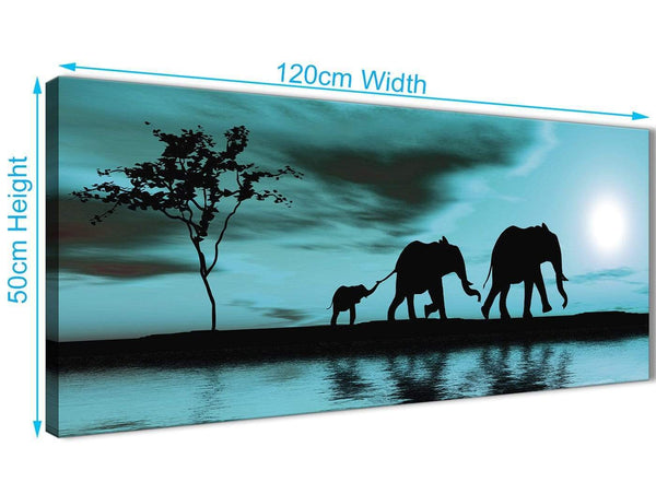 Panoramic Teal African Sunset Elephants Canvas Wall Art Print Modern 120cm Wide For Your Living Room-1362