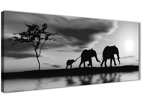 Oversized Black White African Sunset Elephants Canvas Wall Art Print Modern 120cm Wide For Your Kitchen-1363
