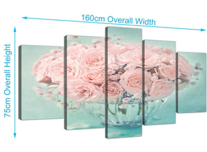 panoramic extra large duck egg blue and pink roses flower floral canvas split set of 5 5287 for your living room
