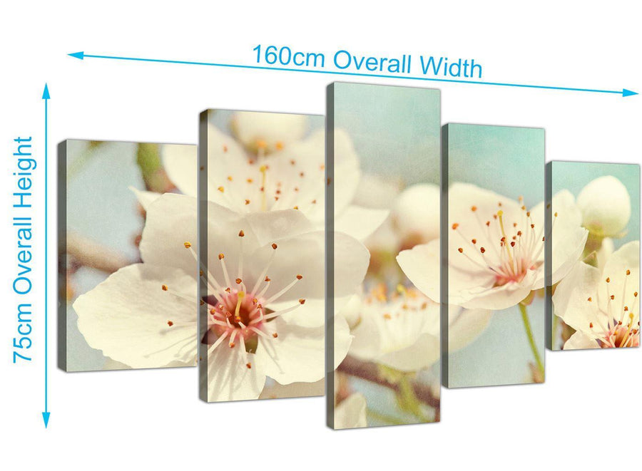 panoramic extra large japanese cherry blossom duck egg blue white floral canvas split 5 panel 5289 for your bedroom
