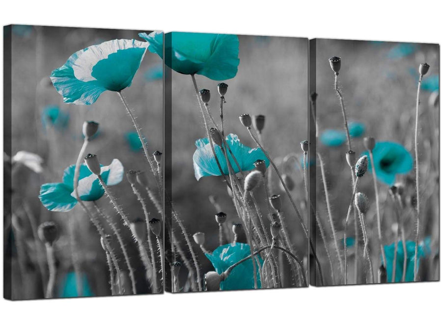 Set of Three Flowers Canvas Wall Art Blue Green Poppies 3139