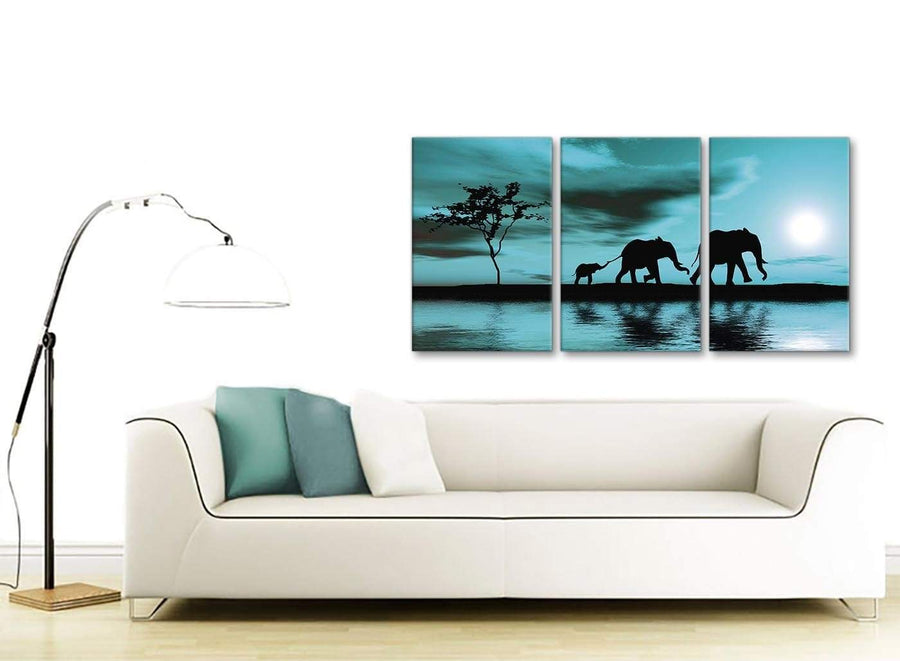 Contemporary Teal African Sunset Elephants Canvas Wall Art Print Split 3 Piece 125cm Wide For Your Dining Room-3362