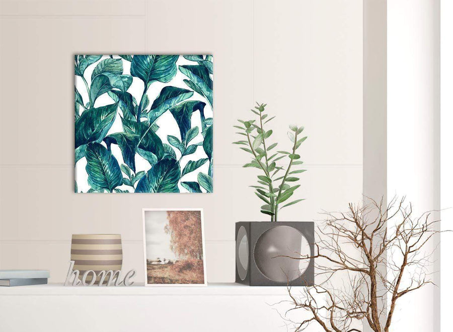 Contemporary Teal Blue Green Tropical Exotic Leaves Canvas Modern 49cm Square 1S325S For Your Bedroom