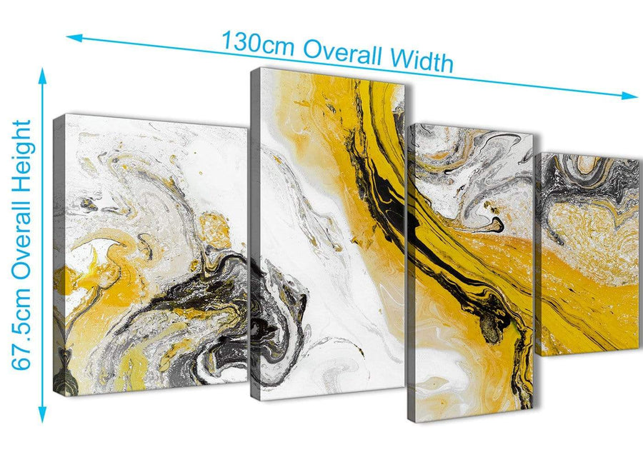 4 Piece Large Mustard Yellow and Grey Swirl Abstract Bedroom Canvas Pictures Decor - 4462 - 130cm Set of Prints