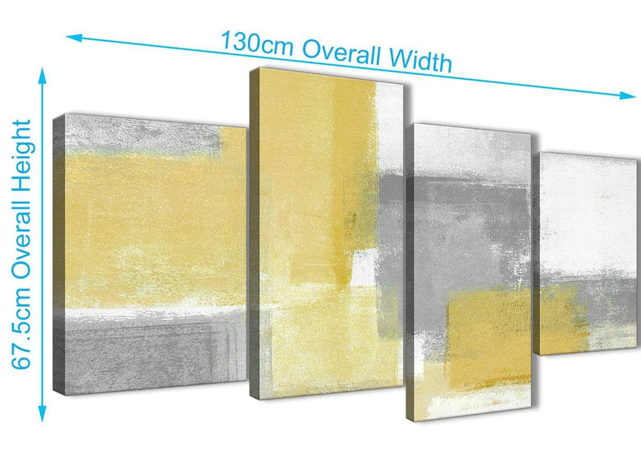 4 Piece Large Mustard Yellow Grey Abstract Bedroom Canvas Pictures Decor - 4367 - 130cm Set of Prints