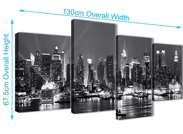 4 Piece Large New York Hudson River Skyline Canvas Art Prints - Landscape - 4435 Black White Grey - 130cm Set of Pictures