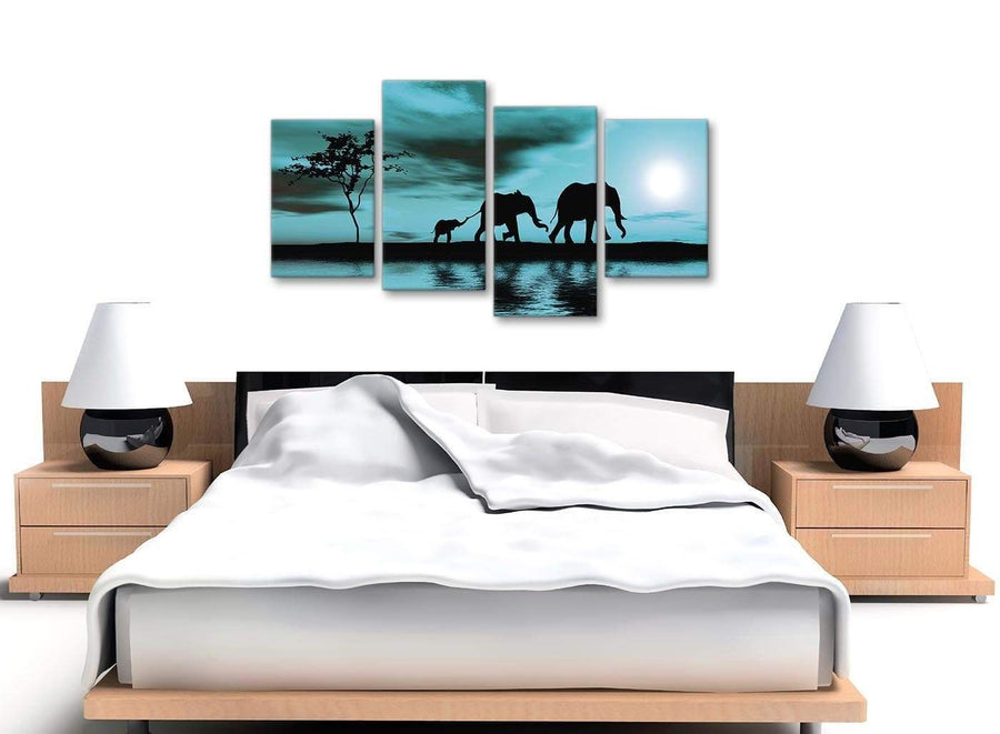 Cheap Large Teal African Sunset Elephants Canvas Wall Art Print Split 4 Piece 130cm Wide For Your Kitchen-4362