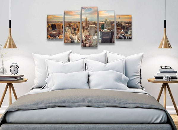 5 Piece Landscape Canvas Wall Art Pictures - New York Skyline Sunset Manhattan Cityscape - 5202 - 160cm XL Set Artwork
