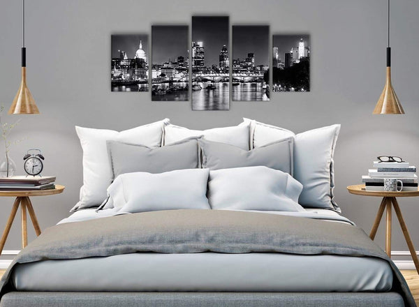 5 Piece Landscape Canvas Wall Art Prints - River Thames Skyline of London - 5430 Black White Grey - 160cm XL Set Artwork