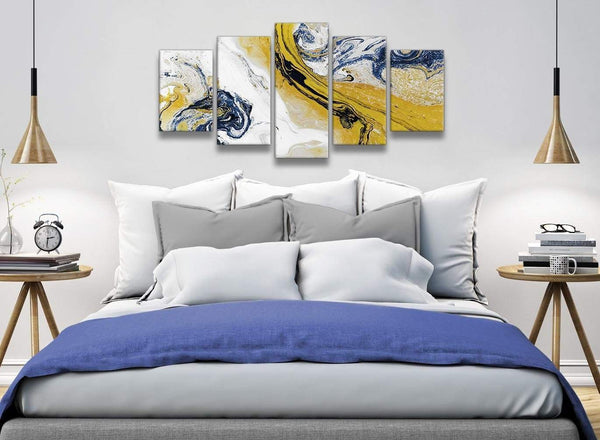 5 Piece Mustard Yellow and Blue Swirl Abstract Bedroom Canvas Wall Art Decor - 5469 - 160cm XL Set Artwork