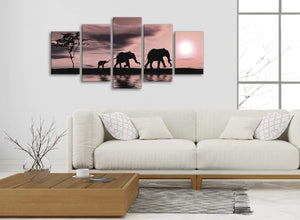 5361-panoramic-extra-large-blush-pink-african-sunset-elephants-canvas-wall-art-print-multi-5-set-160cm-wide-for-your-kitchen