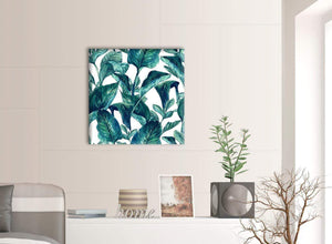 Contemporary Teal Blue Green Tropical Exotic Leaves Canvas Modern 64cm Square 1S325M For Your Living Room