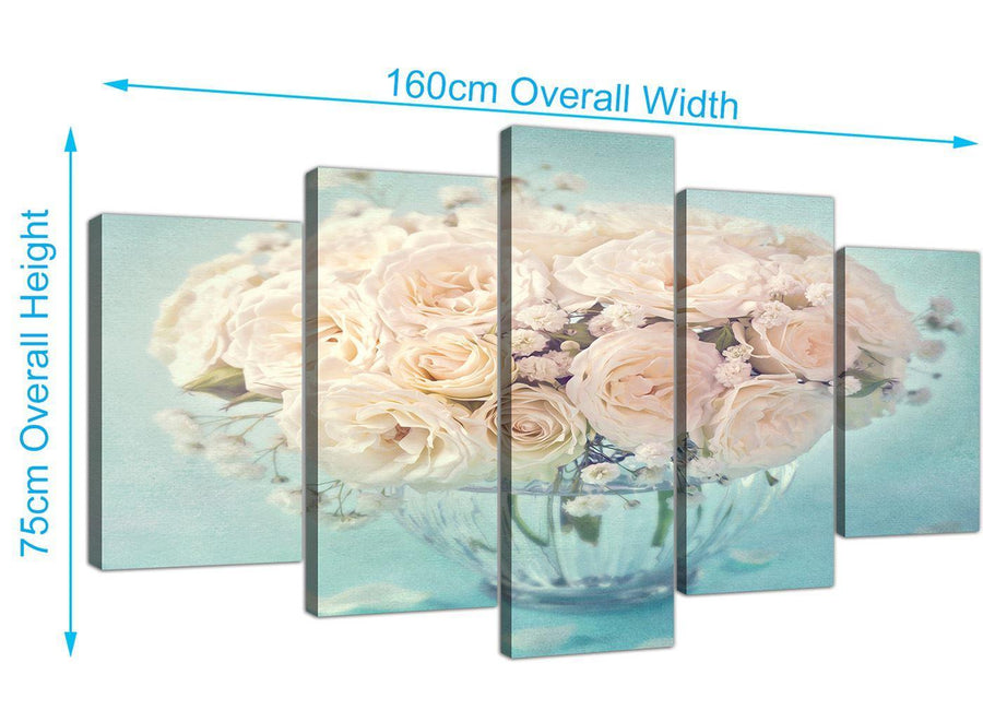 panoramic extra large duck egg blue and white roses flowers floral canvas multi 5 piece 5286 for your living room