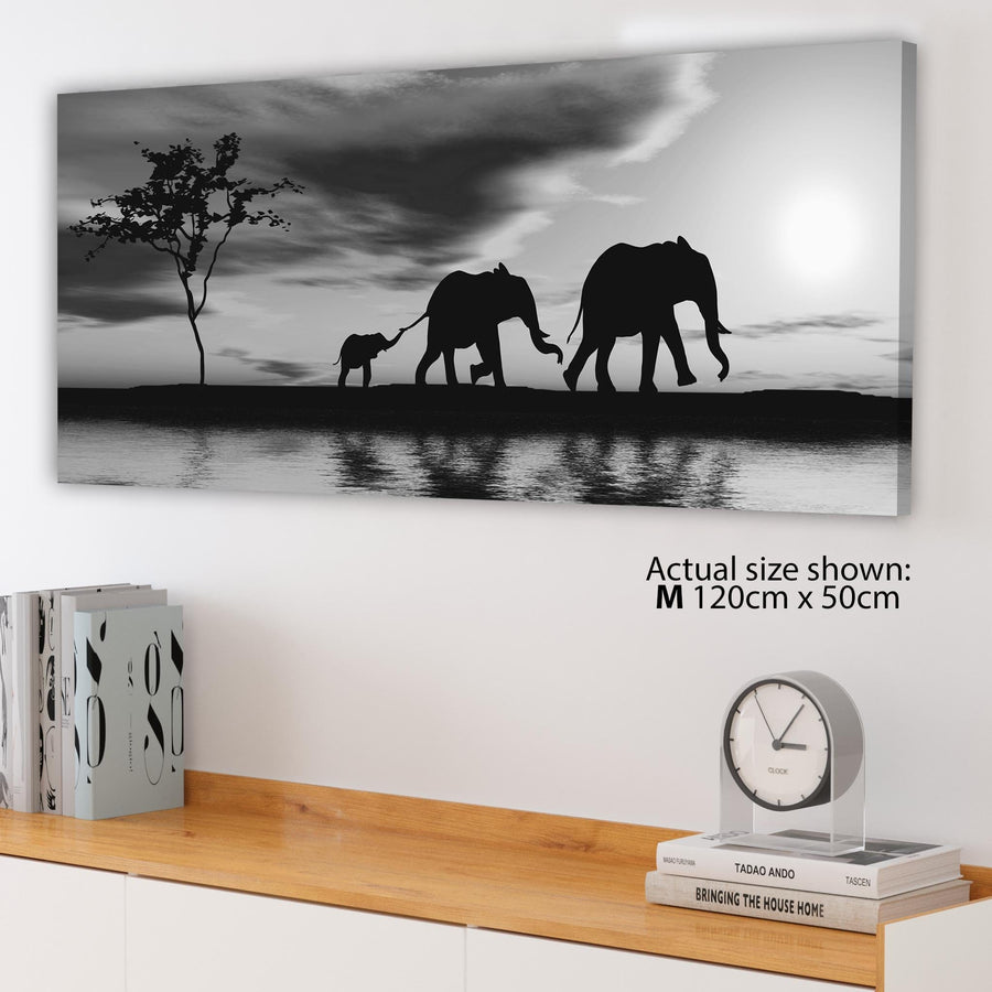 Black White African Sunset Elephants Canvas Wall Art Print