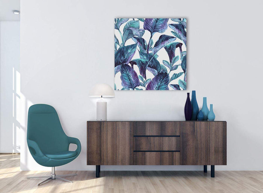 Cheap Turquoise And White Tropical Leaves Canvas Modern 79cm Square 1S323L For Your Kitchen