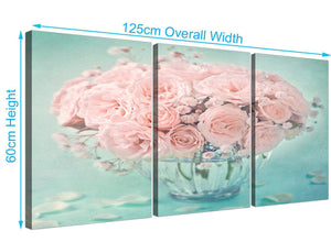 panoramic duck egg blue and pink roses flower floral canvas split 3 set 3287 for your girls bedroom
