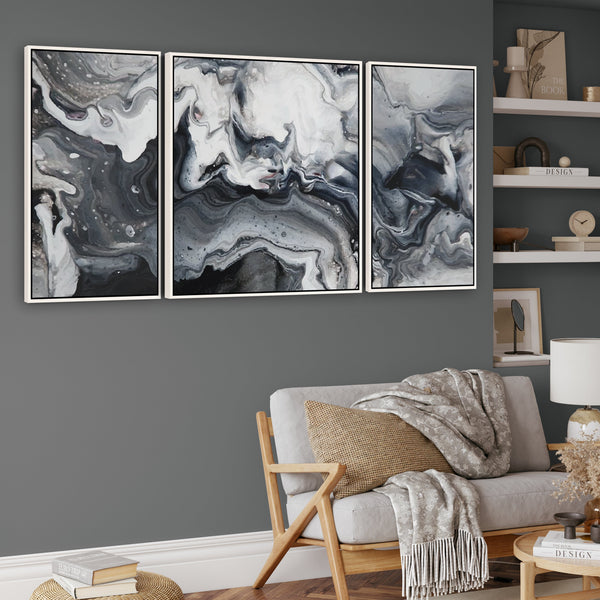 Large Framed Canvas Wall Pictures for Living Room - Black White Grey Abstract - XXL 212cm Wide