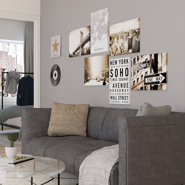 Black White & Golden Brown New York Canvas - Gallery Wall Art Set XL - 185cm