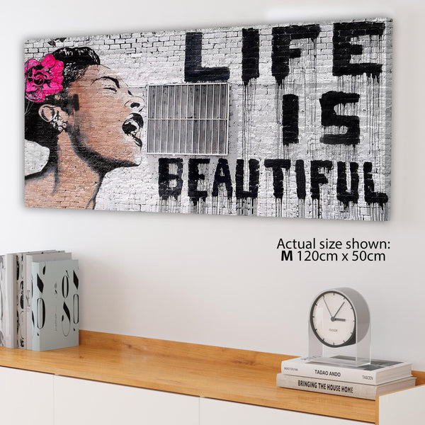 Large Banksy Life is Beautiful - Pink Modern Canvas Art - 120cm - 1232