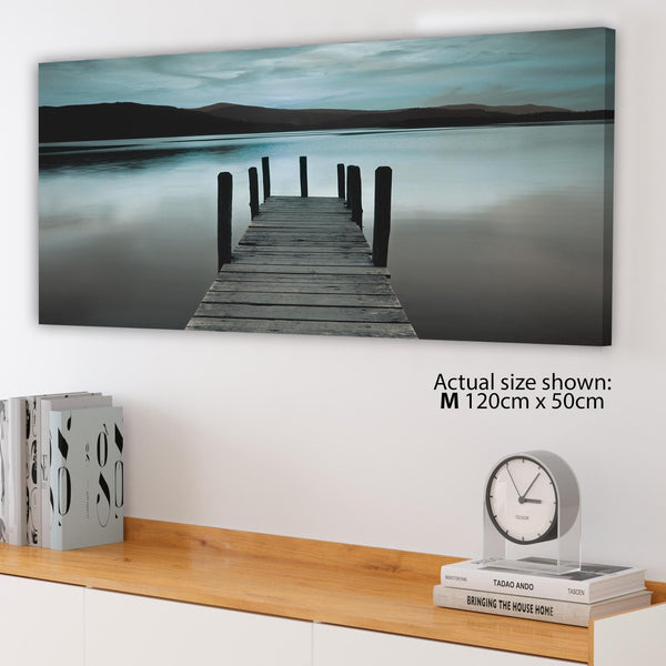 Modern Teal Grey Coloured Lake Jetty View Landscape Canvas