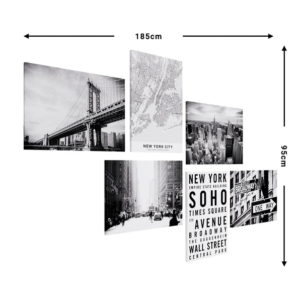 Black White & Golden Brown New York Canvas - Gallery Wall Art Set XL - 185cm