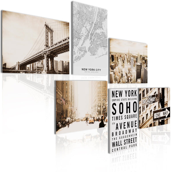Black White & Golden Brown New York Canvas - Gallery Wall Art Set XL - 185cm