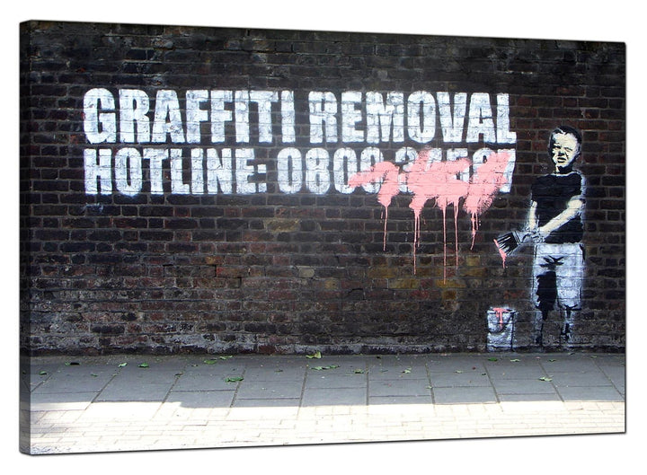 Banksy Canvas Pictures - Boy Child Painting Over Graffiti Removal Hotline - Urban Art - 162L