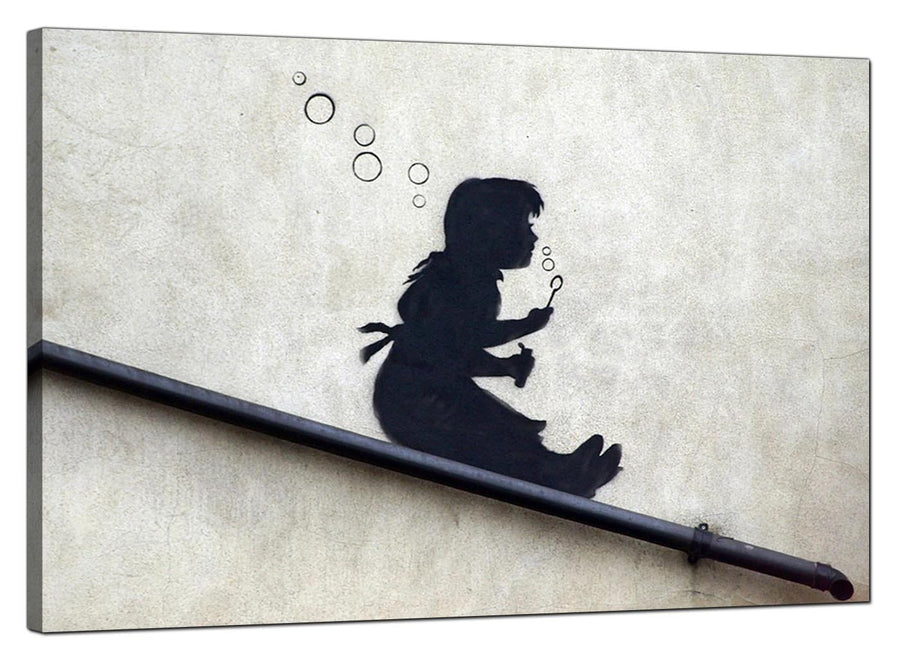Banksy Canvas Pictures - Bubble Girl on a Drainpipe Slide - Urban Art