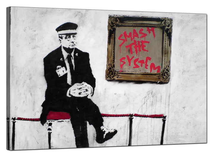 Banksy Canvas Pictures - Gallery Attendant with Smash the System Picture - Urban Art - 178L