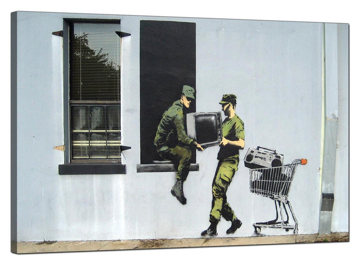 Banksy Canvas Pictures - Looting Soldiers Stealing a Television Through a Window - Urban Art - 167L