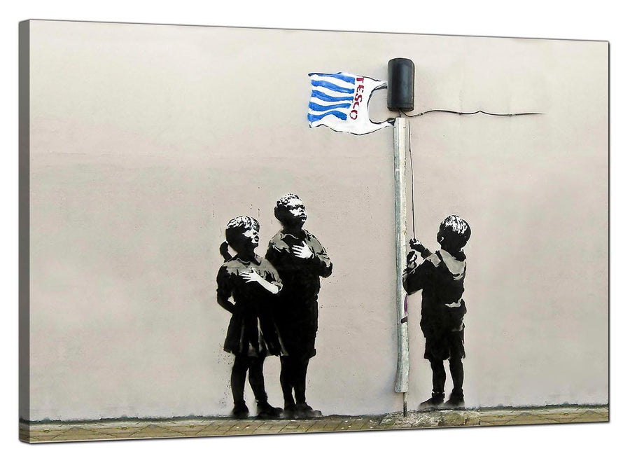 Banksy Canvas Pictures - Tesco Generation Bag Flag Very Little Helps - Urban Art