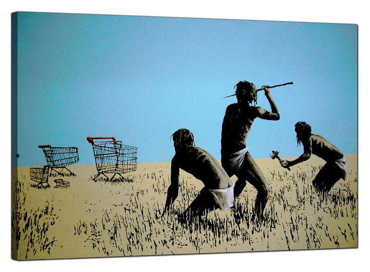 Banksy Canvas Pictures - Tribal People Hunting Shopping Trolleys with Spears - Urban Art - 180L