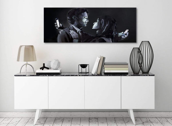 Banksy Mobile Lovers Graffiti Canvas Wall Art - 1212 Black White Grey - 120cm Wide Print