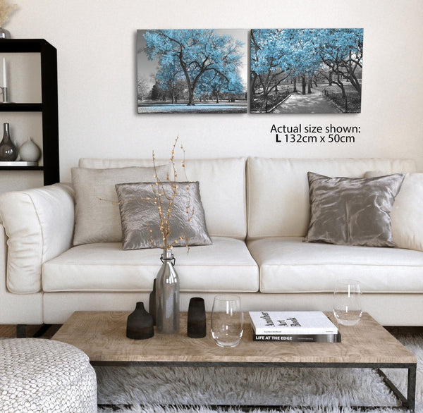 Blue Grey Black Canvas Wall Art - Trees Leaves Blossom - Set of 2 Pictures Canvas Wall Art Print
