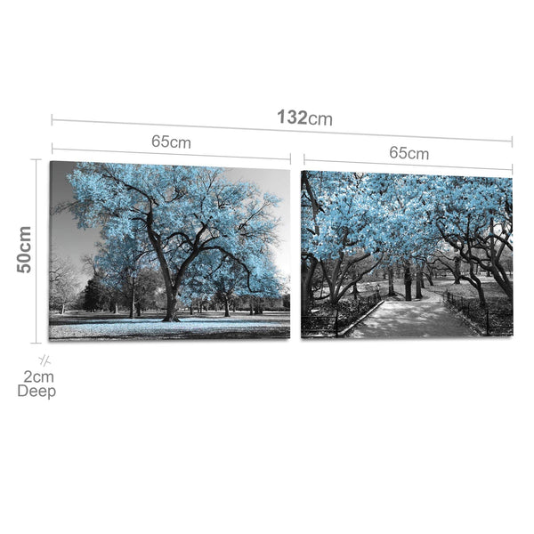 Blue Grey Black Canvas Wall Art - Trees Leaves Blossom - Set of 2 Pictures Canvas Wall Art Print