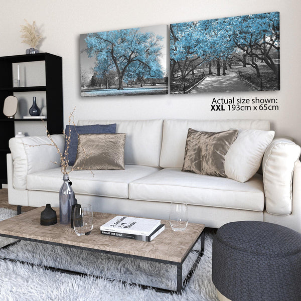 Blue Grey Black Canvas Wall Art - Trees Leaves Blossom - Set of 2 Pictures Canvas Wall Art Print